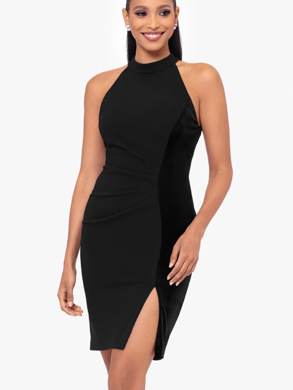 BETSY & ADAM Mariana Short Halter Crepe & Velvet Slit Cocktail Dress Black 6